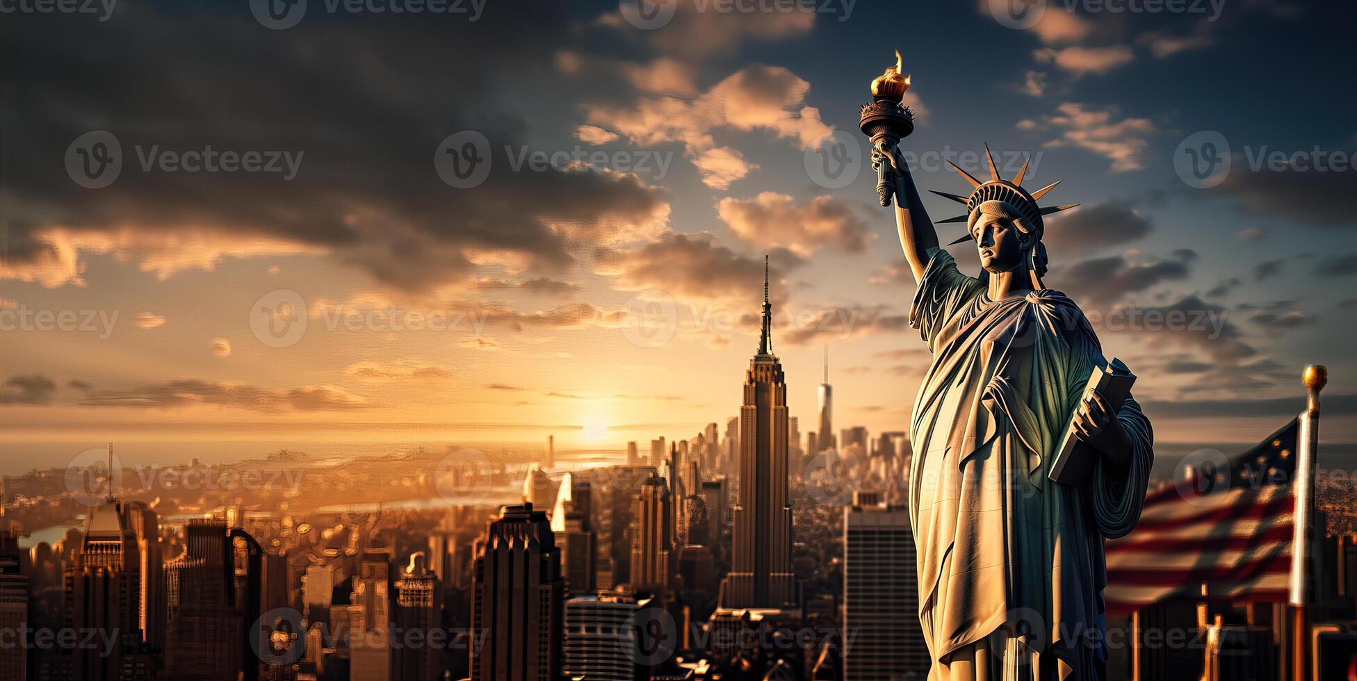 AI generated Statue of Liberty against the backdrop of the sunset city Generative AI photo