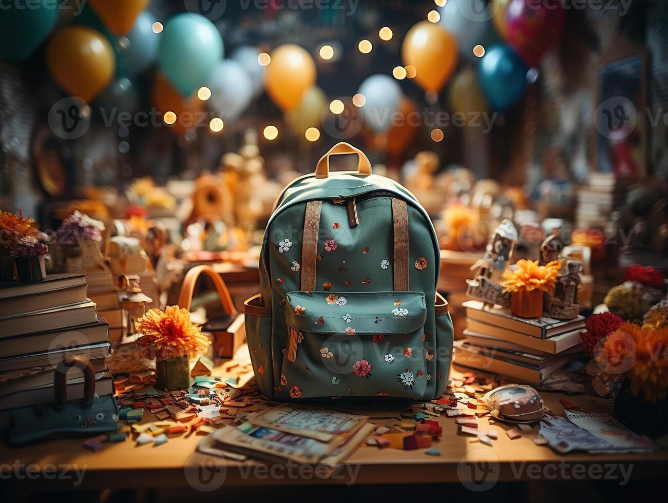 ai generado colegio mochila y colegio suministros en el mesa espalda a colegio generativo ai foto