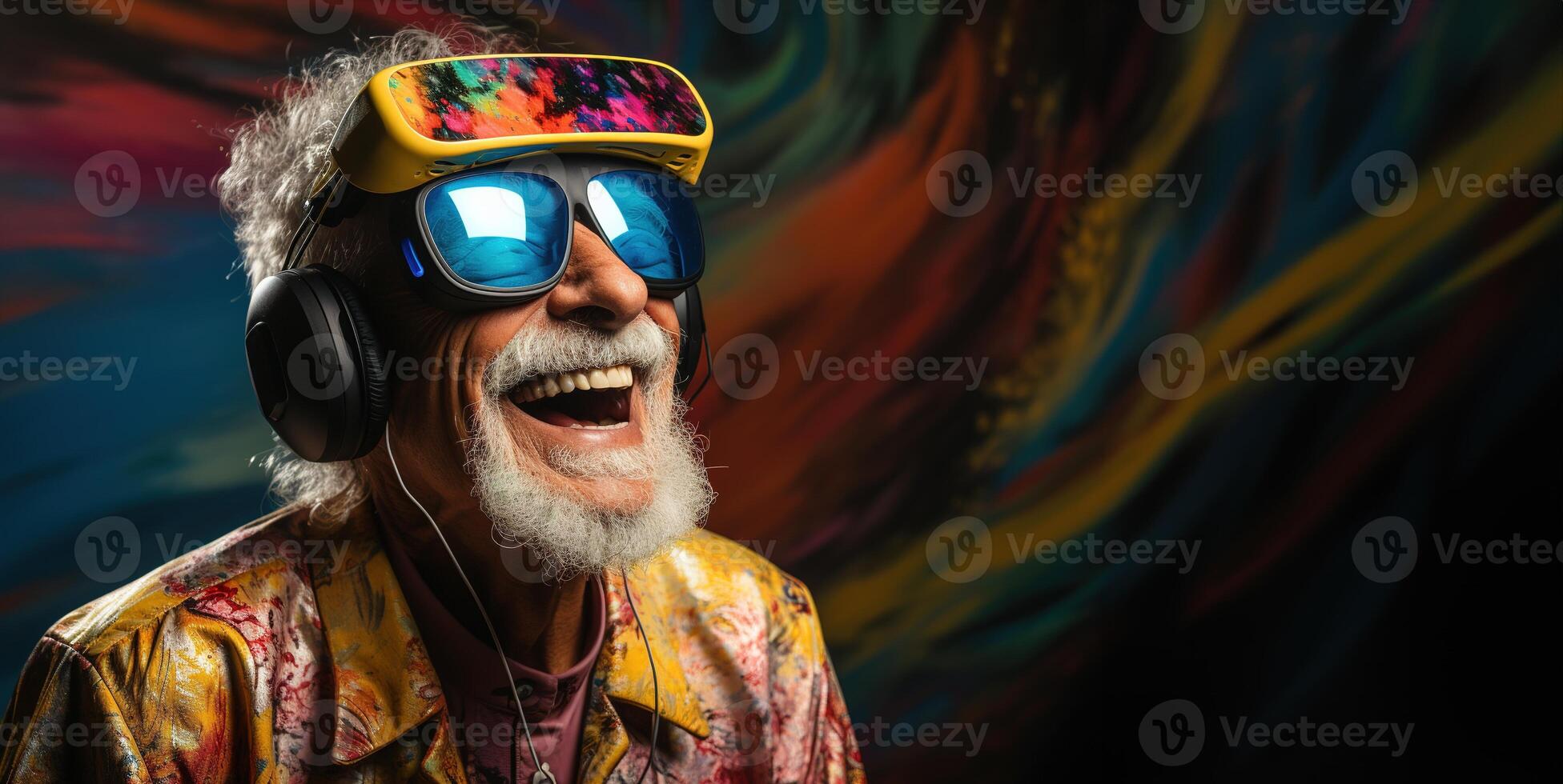 AI generated elderly man and virtual reality augmented reality Generative AI photo
