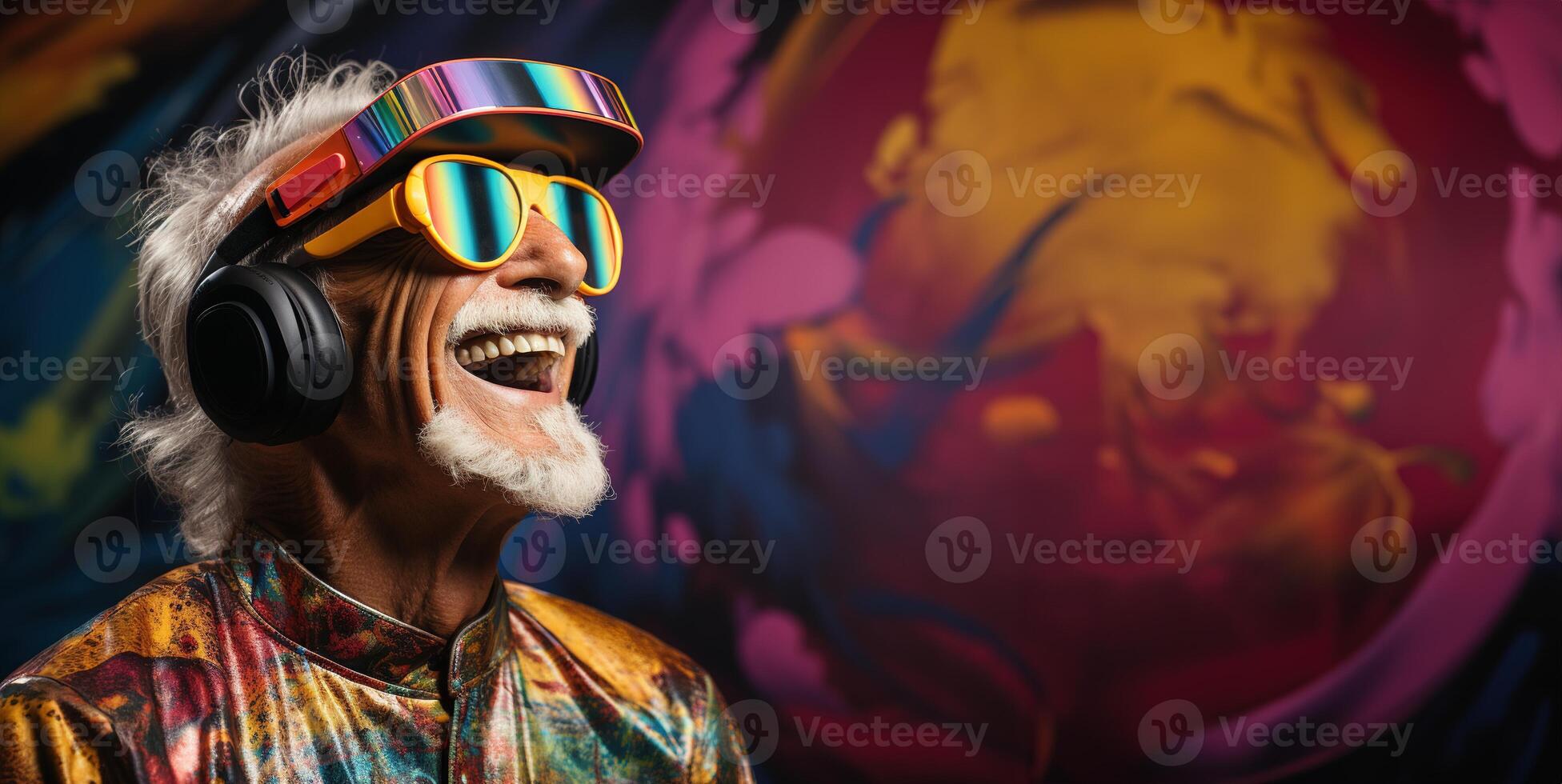 AI generated elderly man and virtual reality augmented reality Generative AI photo