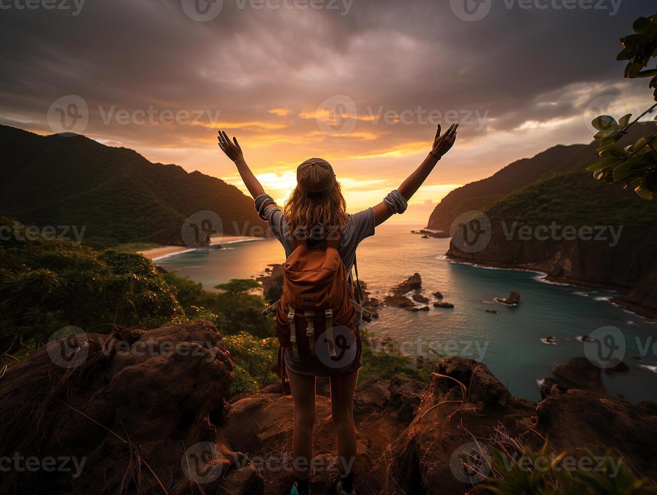 AI generated traveler with a backpack on the background of the sunset Hands up Generative AI photo