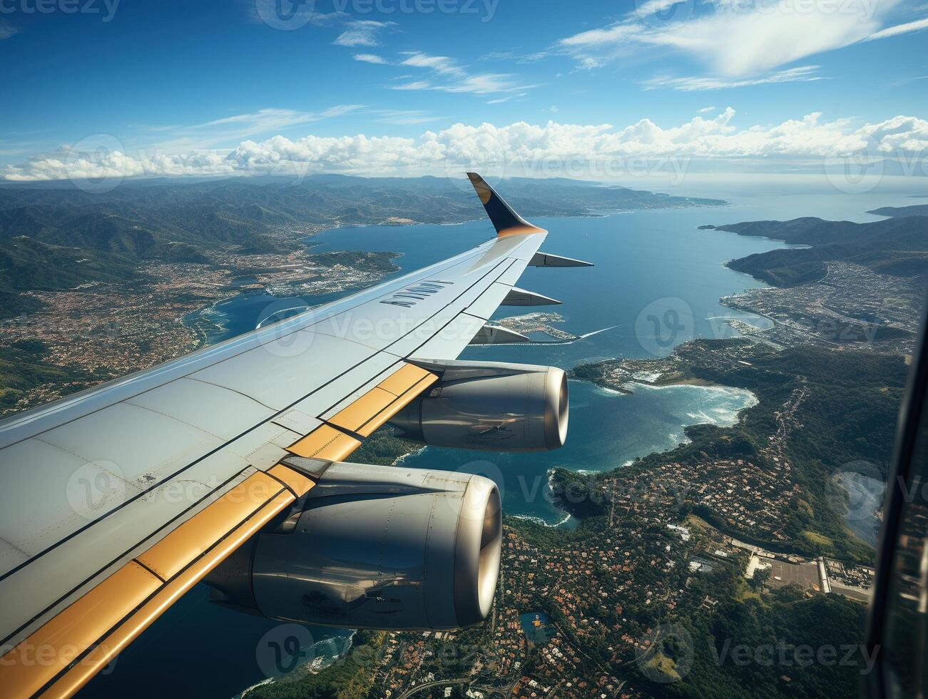 ai generado pasajero avión vuelo avión ala generativo ai foto