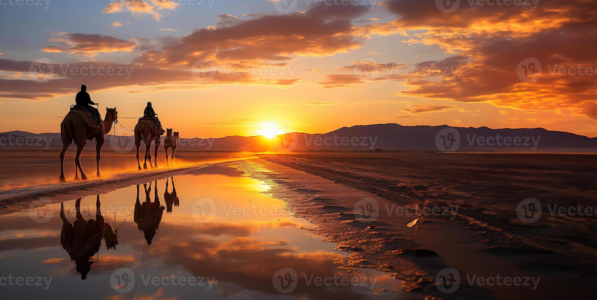 AI generated Camel caravan at sunset Generative AI photo