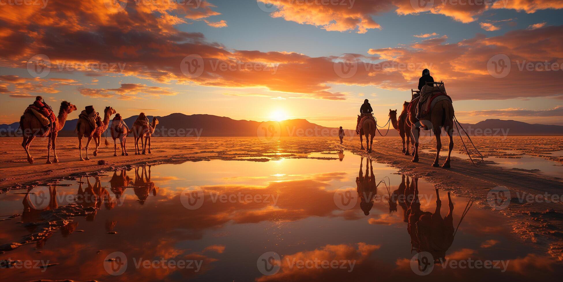 AI generated Camel caravan at sunset Generative AI photo