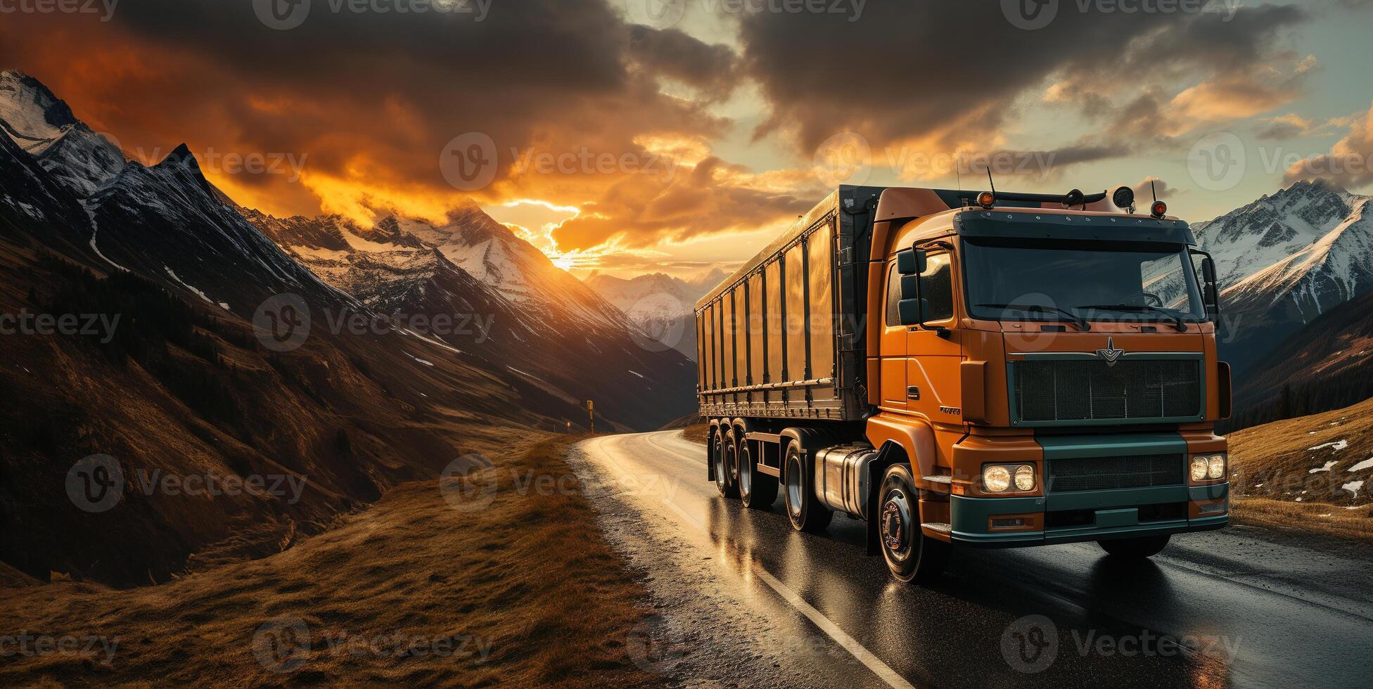 AI generated the truck carries the goods on the background of the mountains delivery transportation Generative AI photo