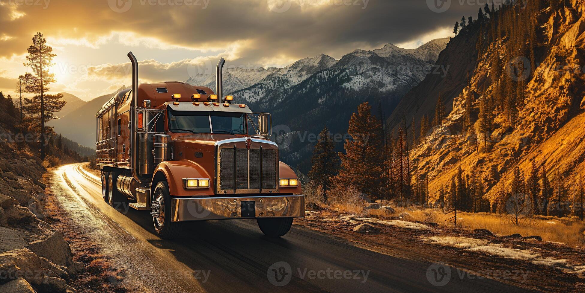 AI generated the truck carries the goods on the background of the mountains delivery transportation Generative AI photo