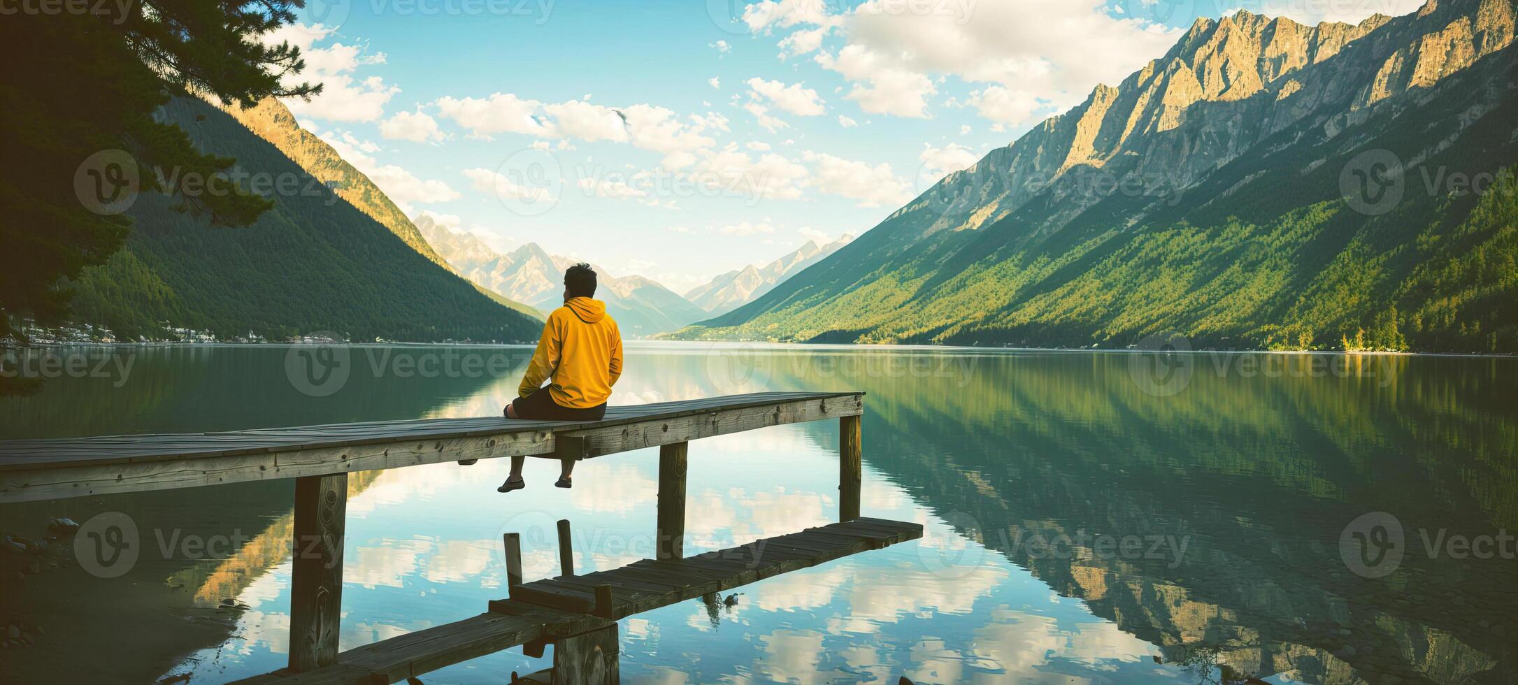 AI generated a man in a yellow jacket is sitting on the pier, rear view Generative AI photo