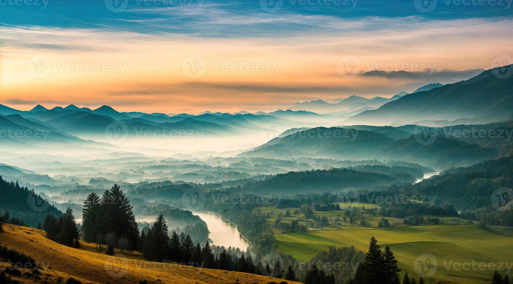 AI generated mountain landscape with fog Generative AI photo
