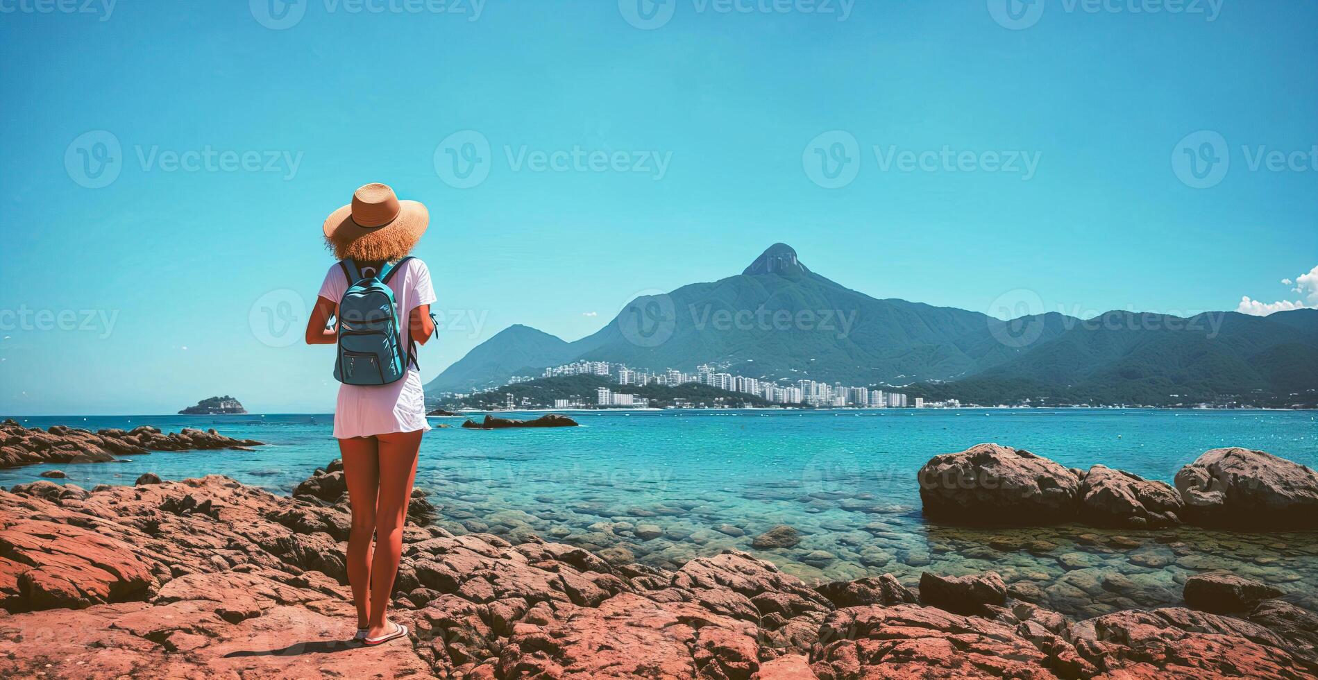 AI generated a girl with a backpack on the Stone Coast against the backdrop of the azure sea Generative AI photo