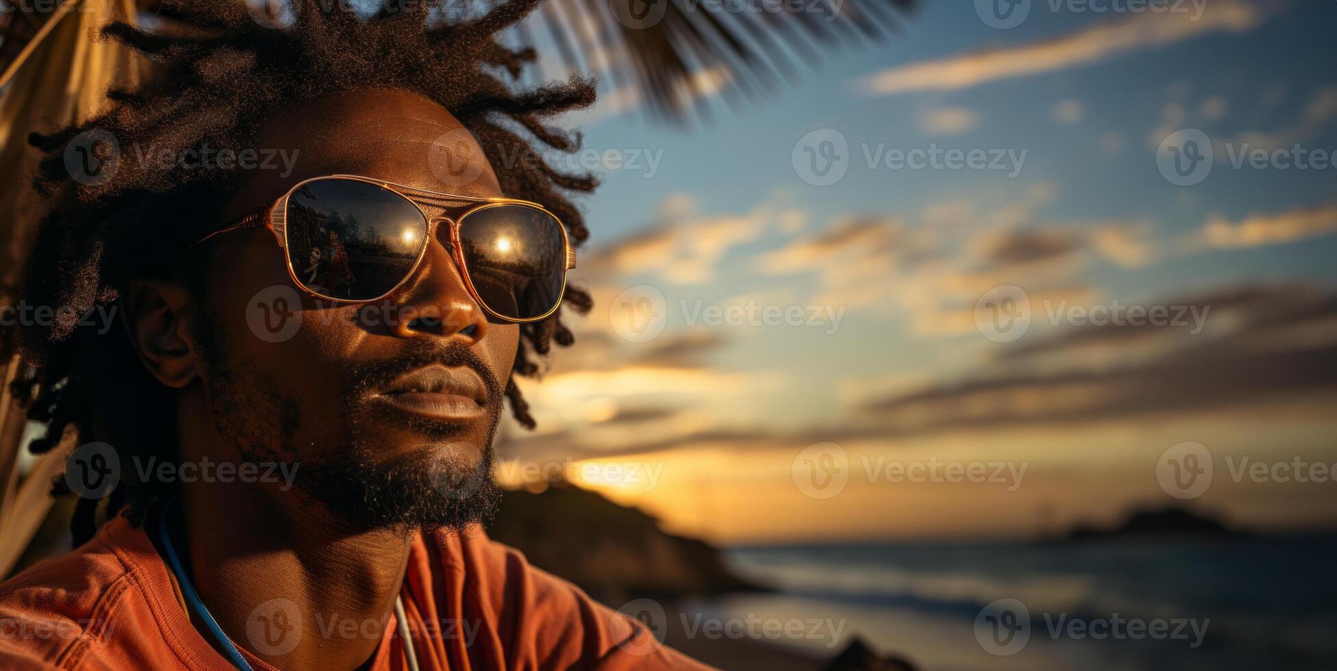 AI generated man in sunglasses on the background of the azure beach Generative AI photo