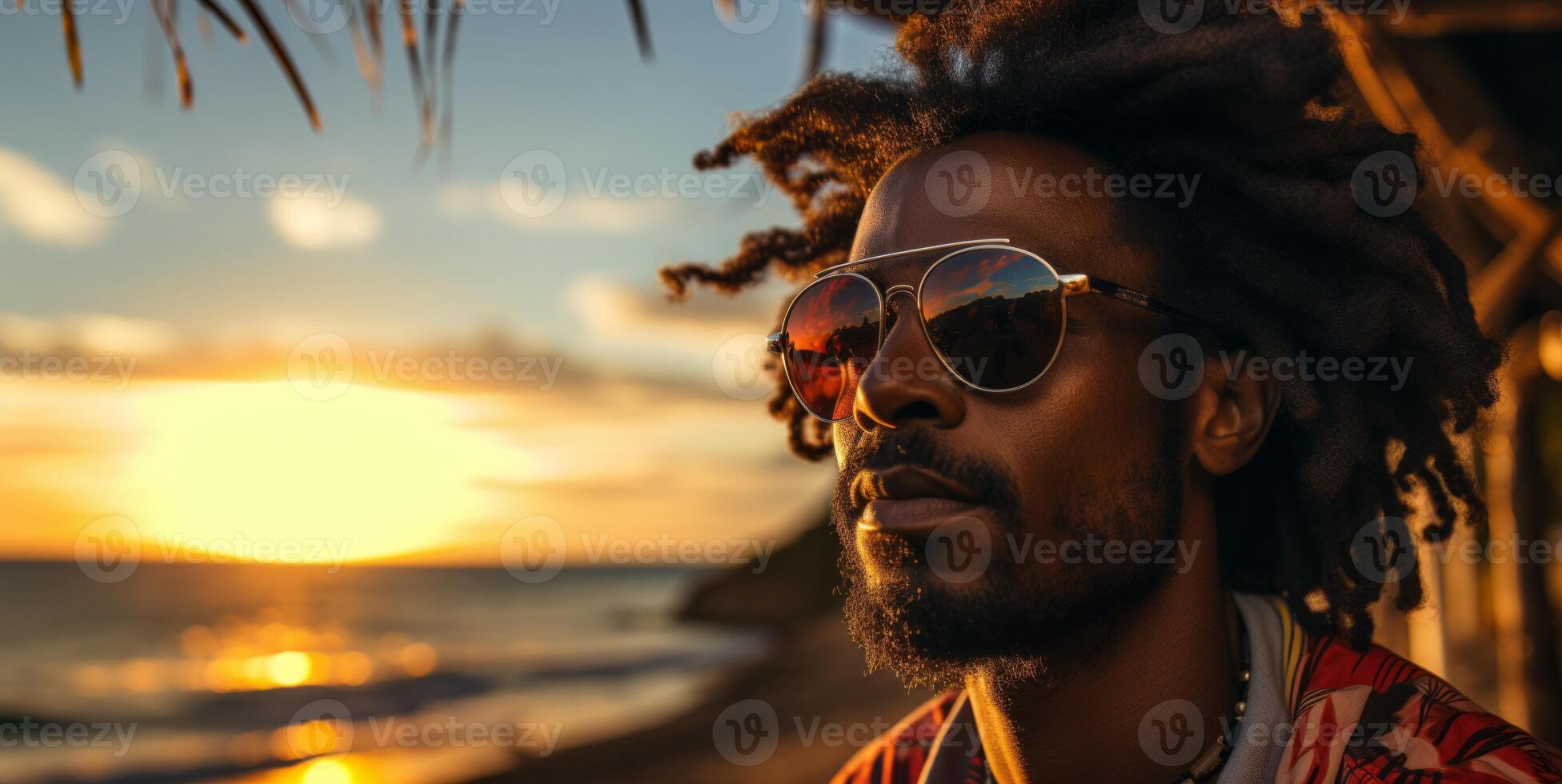 AI generated man in sunglasses on the background of the azure beach Generative AI photo