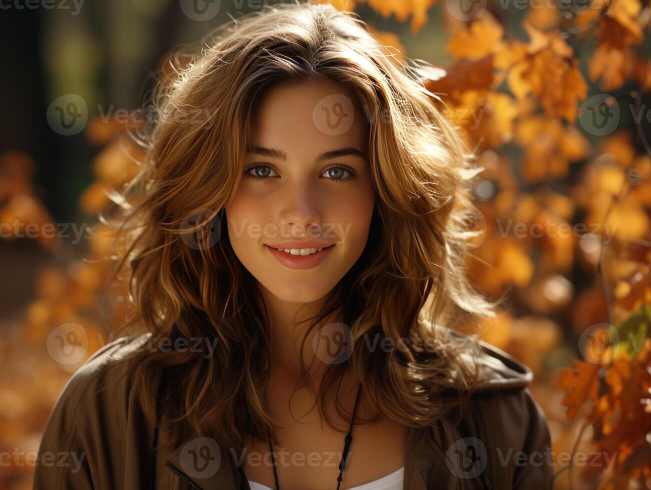AI generated beautiful girls on the background of autumn foliage Generative AI photo