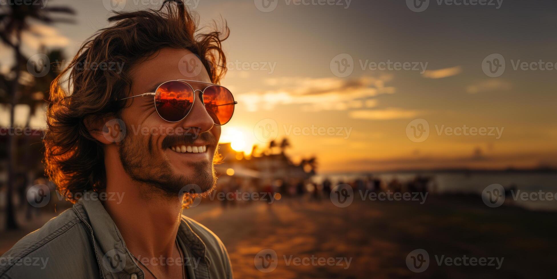 AI generated man in sunglasses on the background of the azure beach Generative AI photo