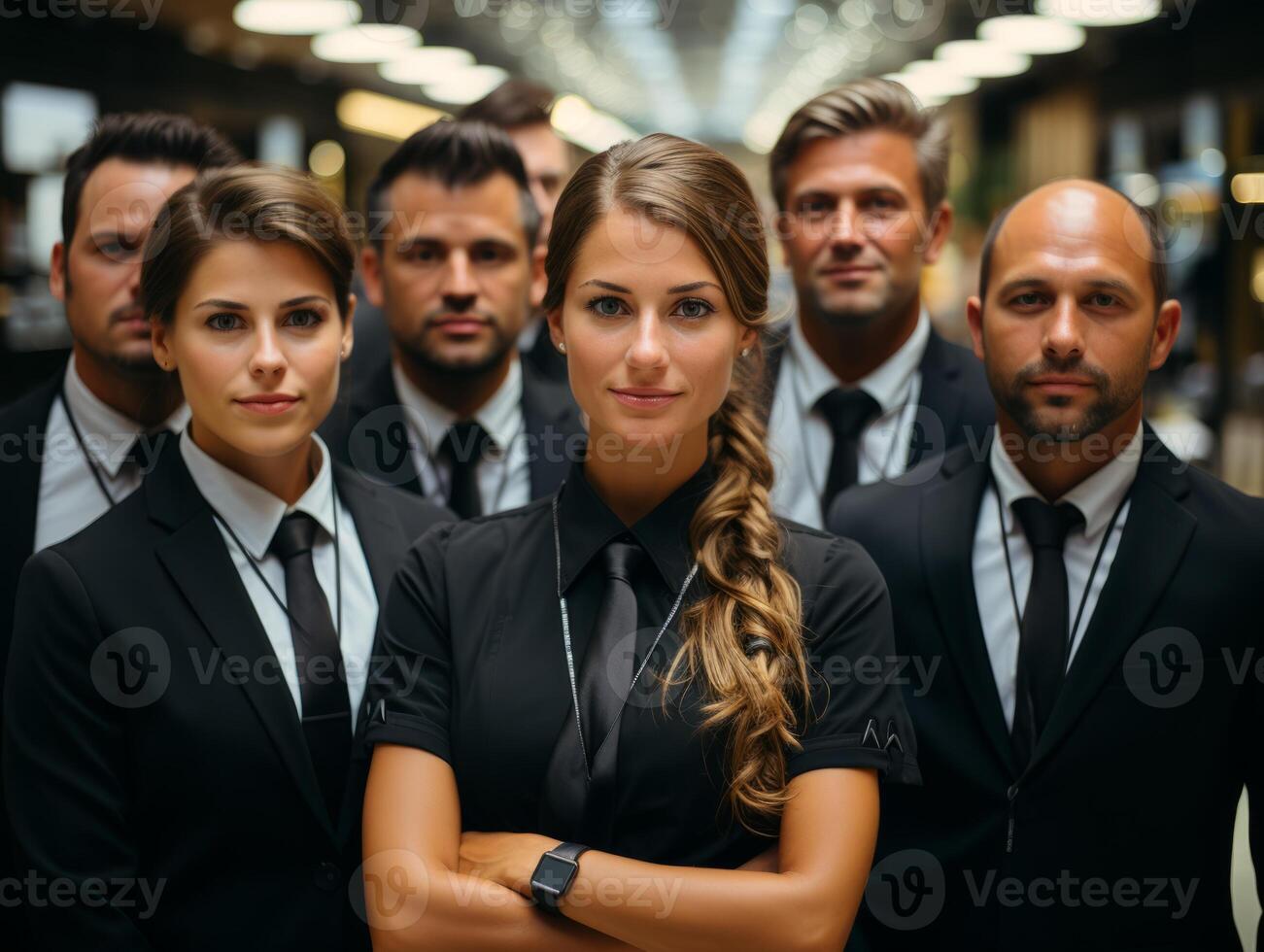 AI generated team of businessmen in the office in formal suits Generative AI photo