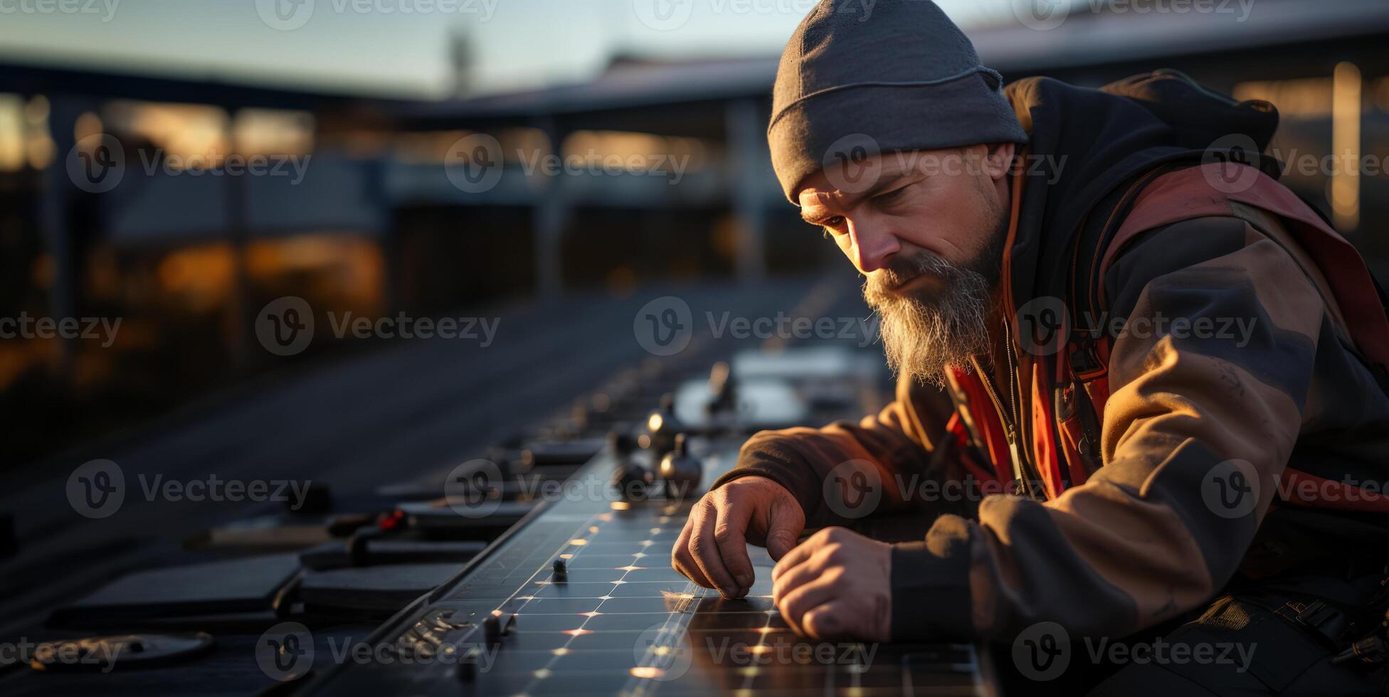 AI generated engineer repairing solar panels Generative AI photo