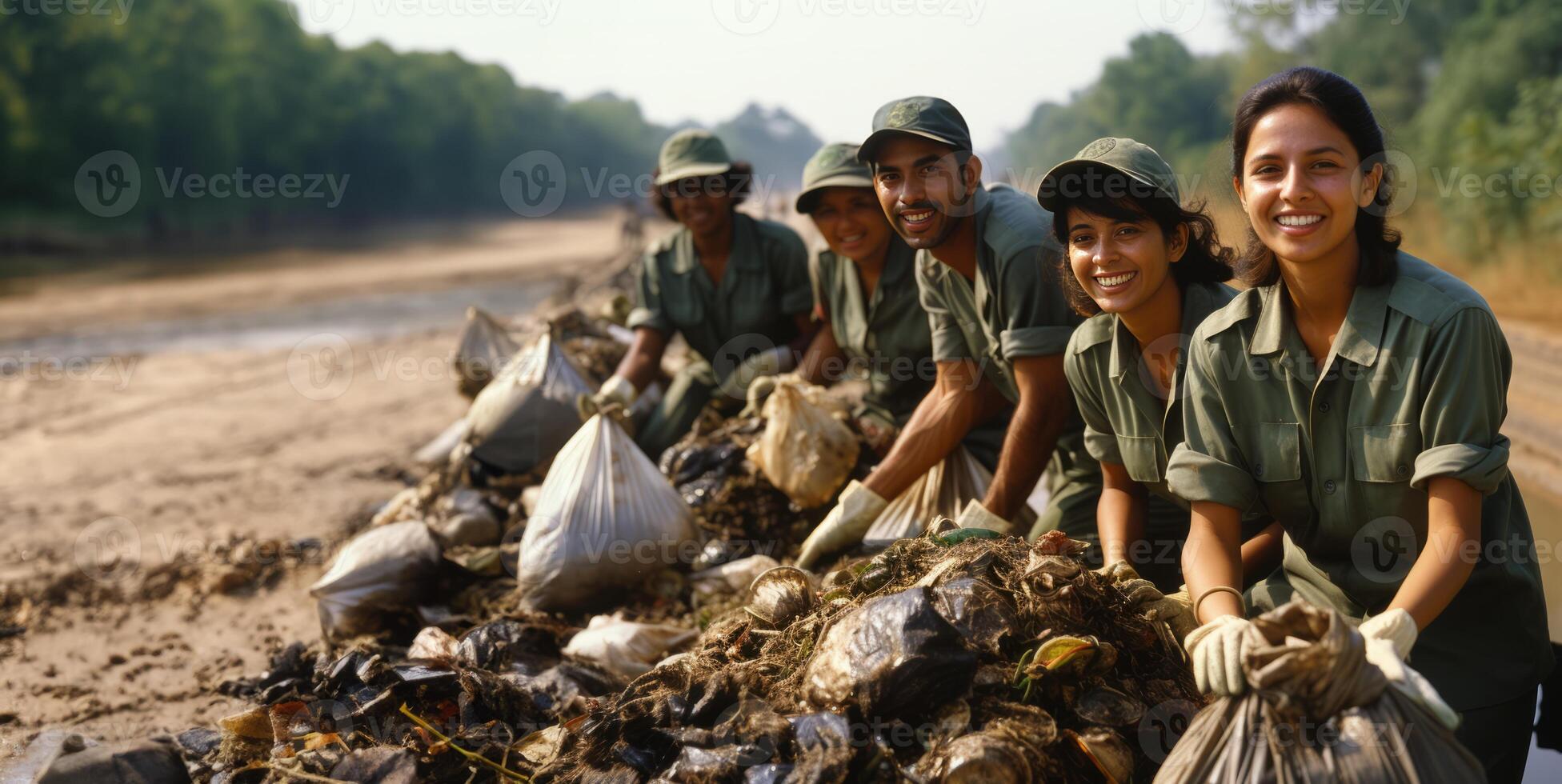 AI generated volunteers cleans up garbage pollution Generative AI photo