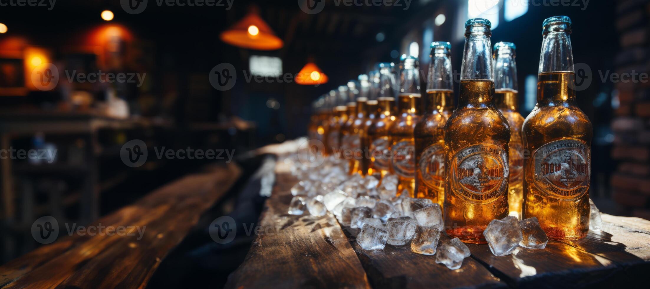 AI generated bottles of beer in ice on the bar counter Generative AI photo