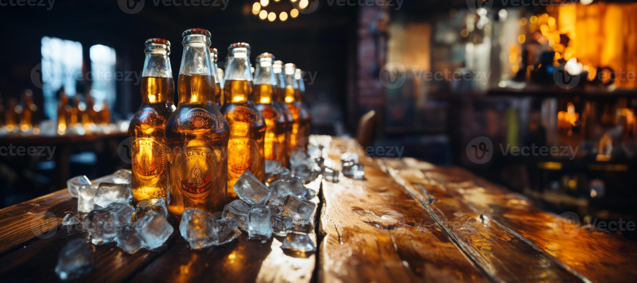 AI generated bottles of beer in ice on the bar counter Generative AI photo