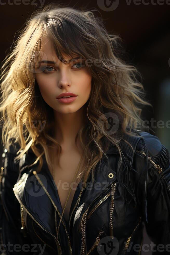 AI generated girl in a leather jacket Generative AI photo