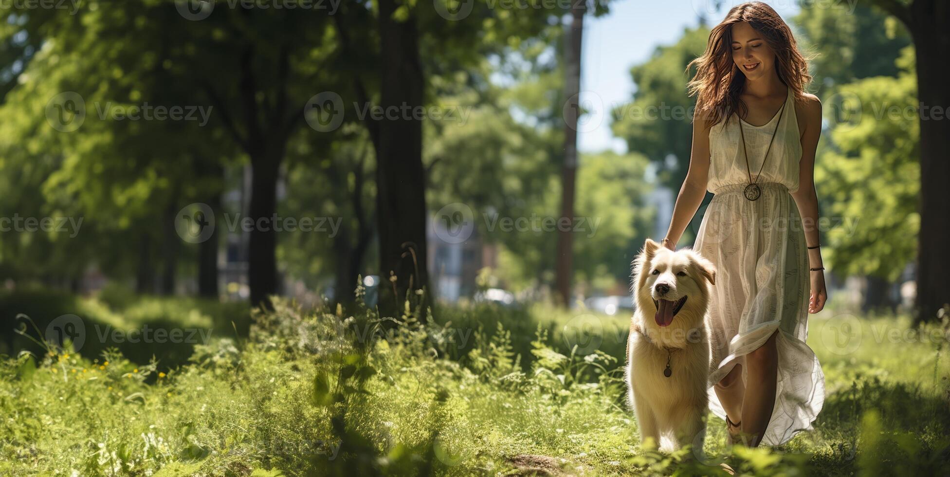 AI generated girl walking with a dog in the park Generative AI photo