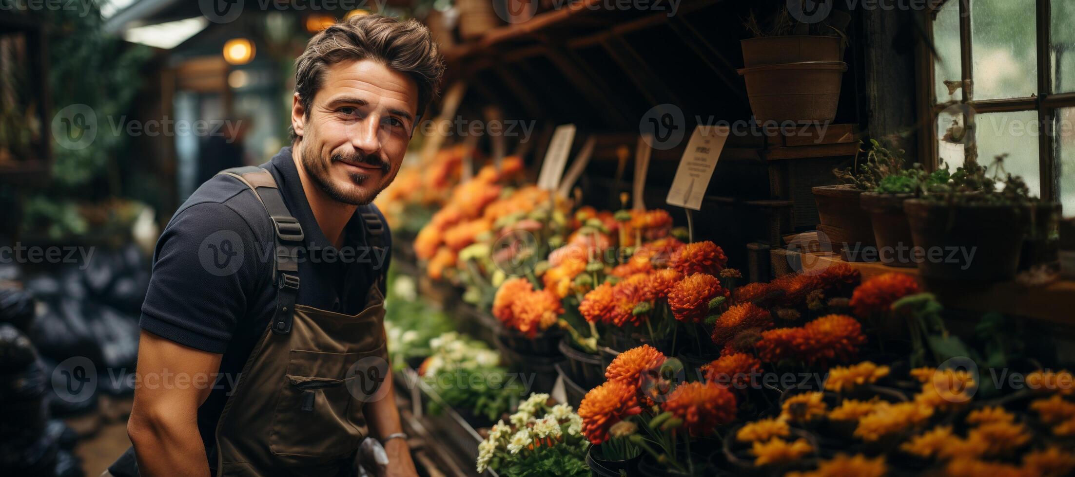 AI generated seller in his flower shop Generative AI photo