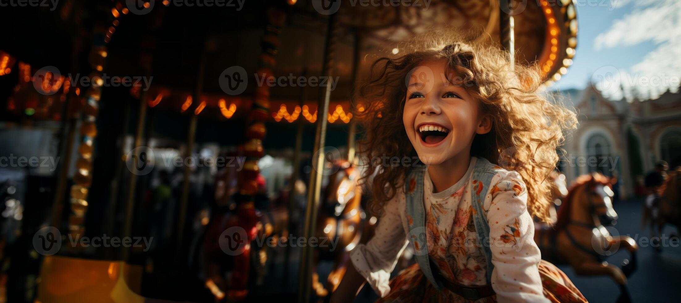 AI generated Happy child on the Carousel, on an attraction Generative AI photo