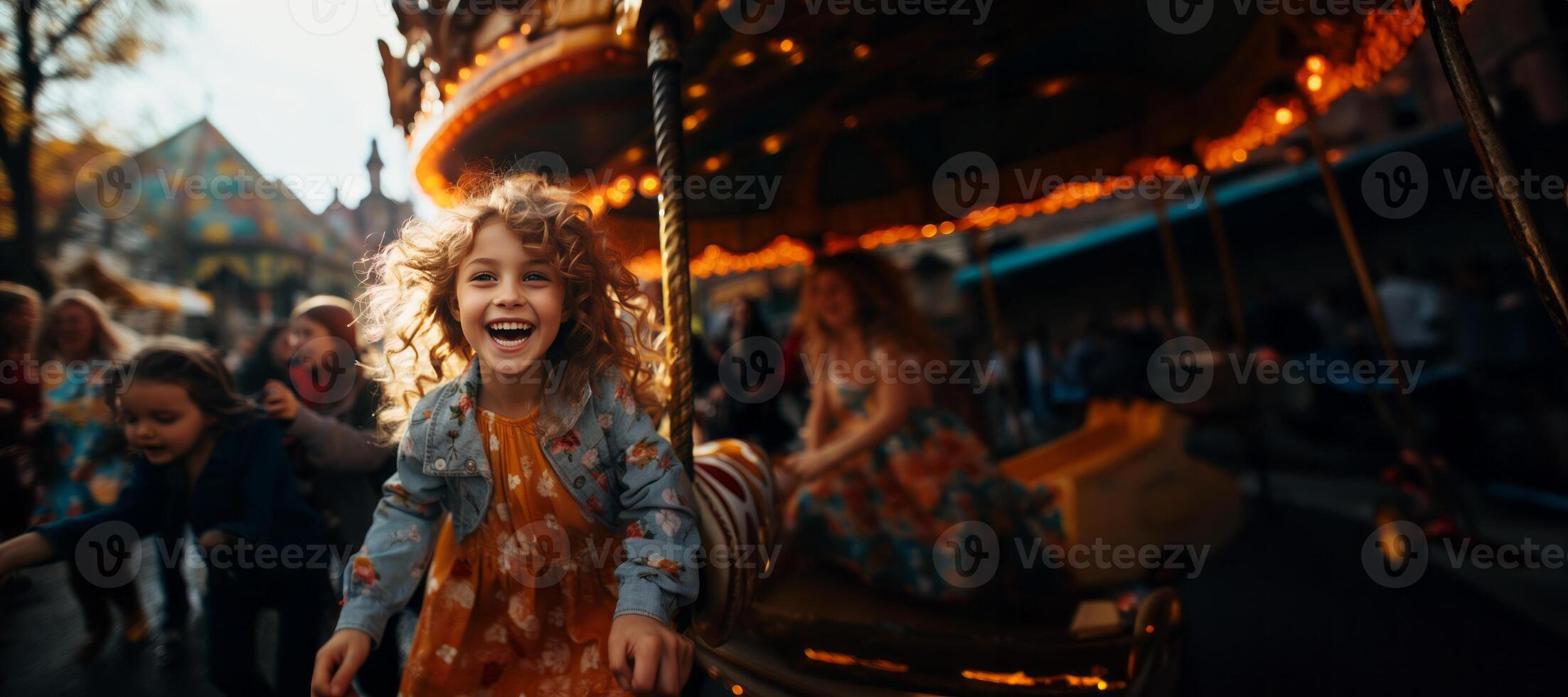 AI generated Happy child on the Carousel, on an attraction Generative AI photo