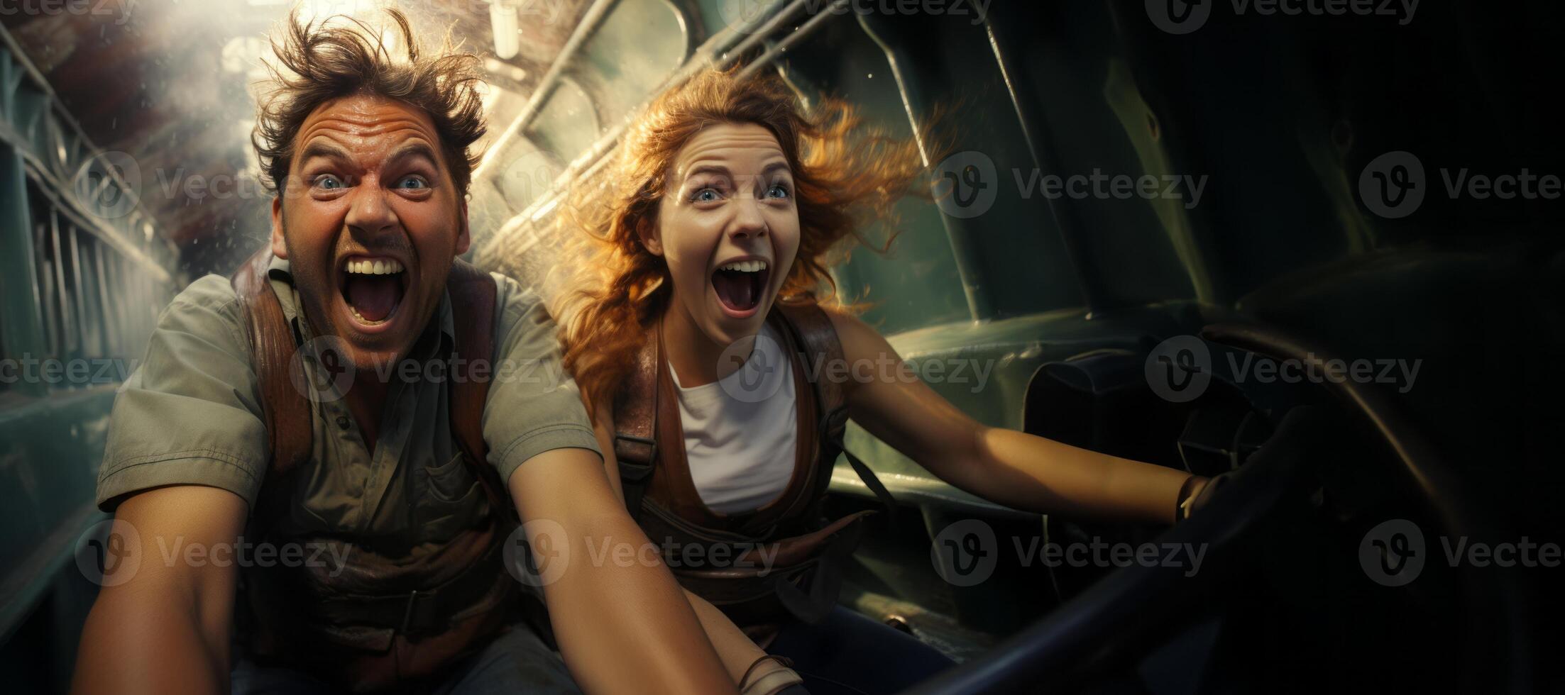 AI generated happy young couple on a roller coaster Generative AI photo
