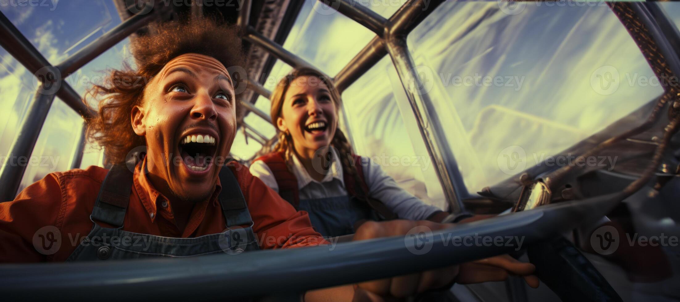 AI generated happy young couple on a roller coaster Generative AI photo