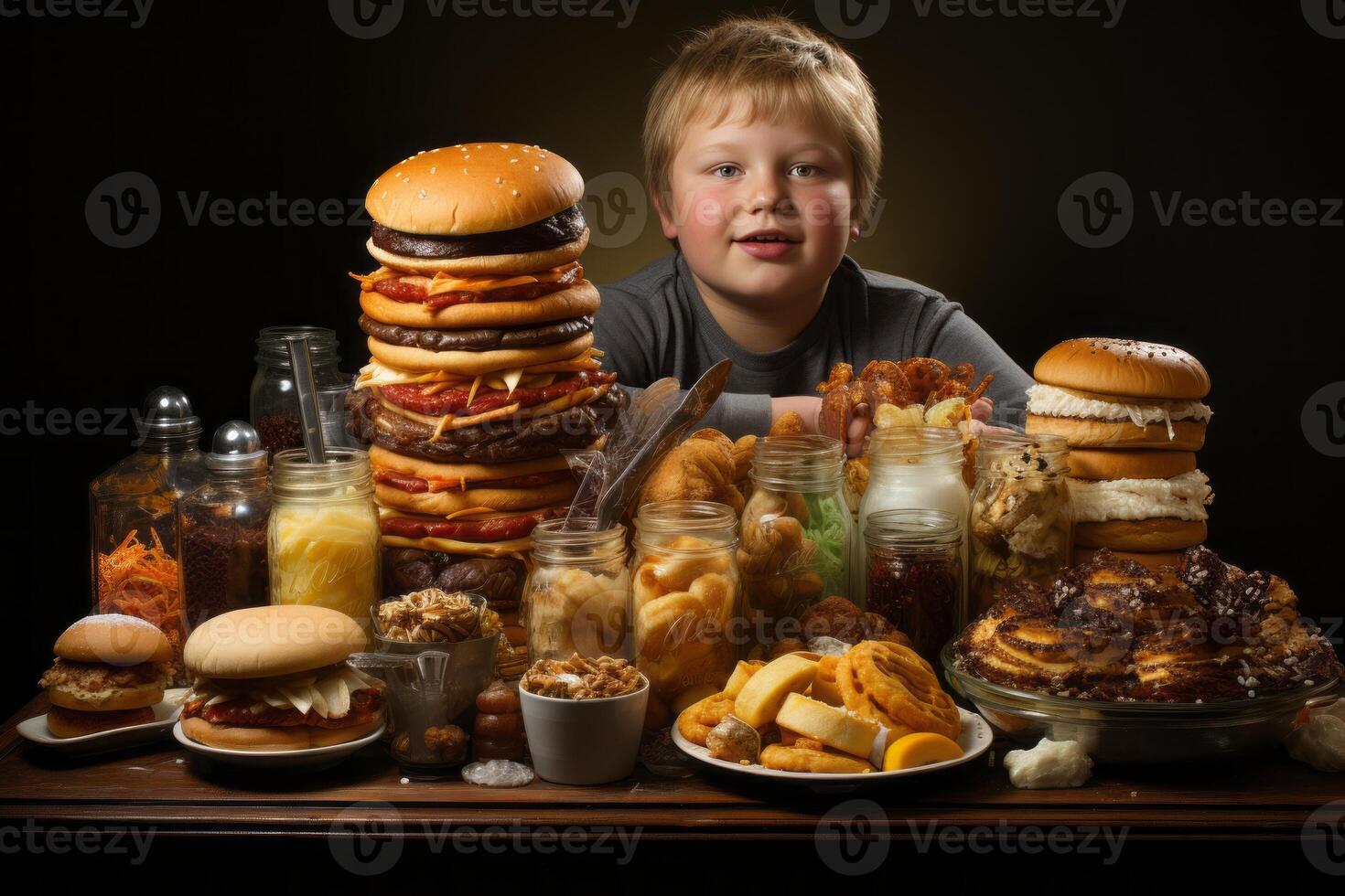 AI generated fat child and fast food Generative AI photo