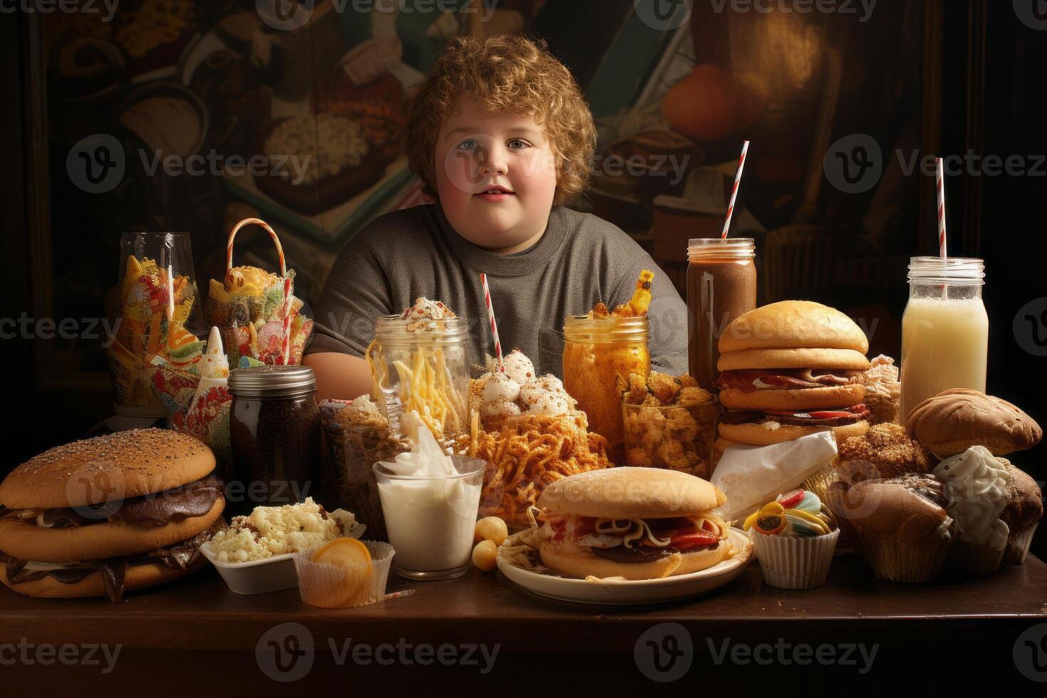 AI generated fat child and fast food Generative AI photo