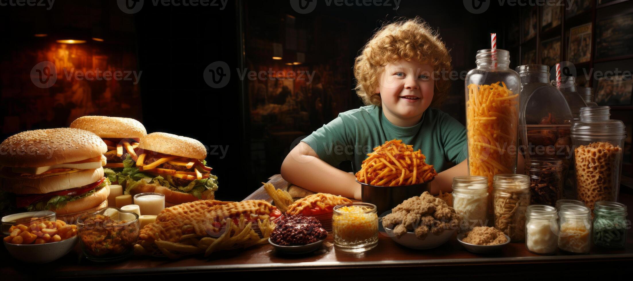 AI generated fat child and fast food Generative AI photo