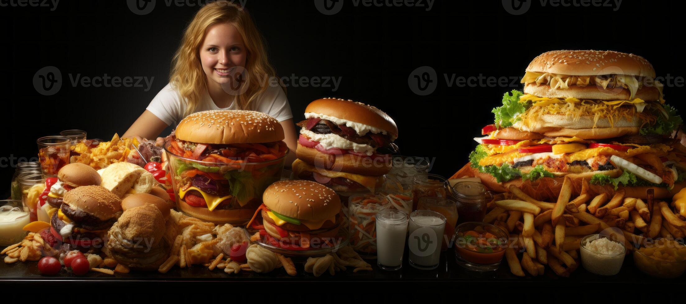 AI generated fat woman and fast food Generative AI photo