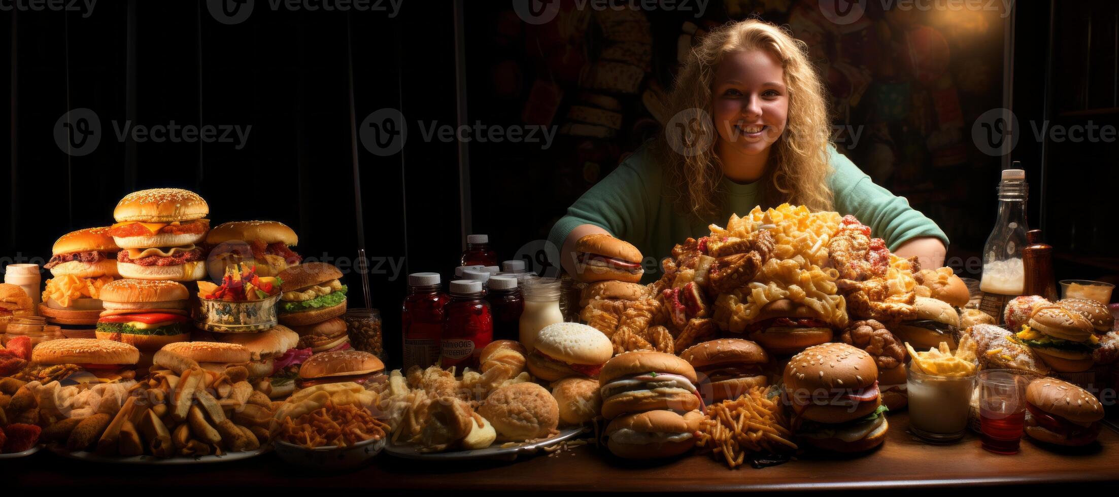 AI generated fat woman and fast food Generative AI photo