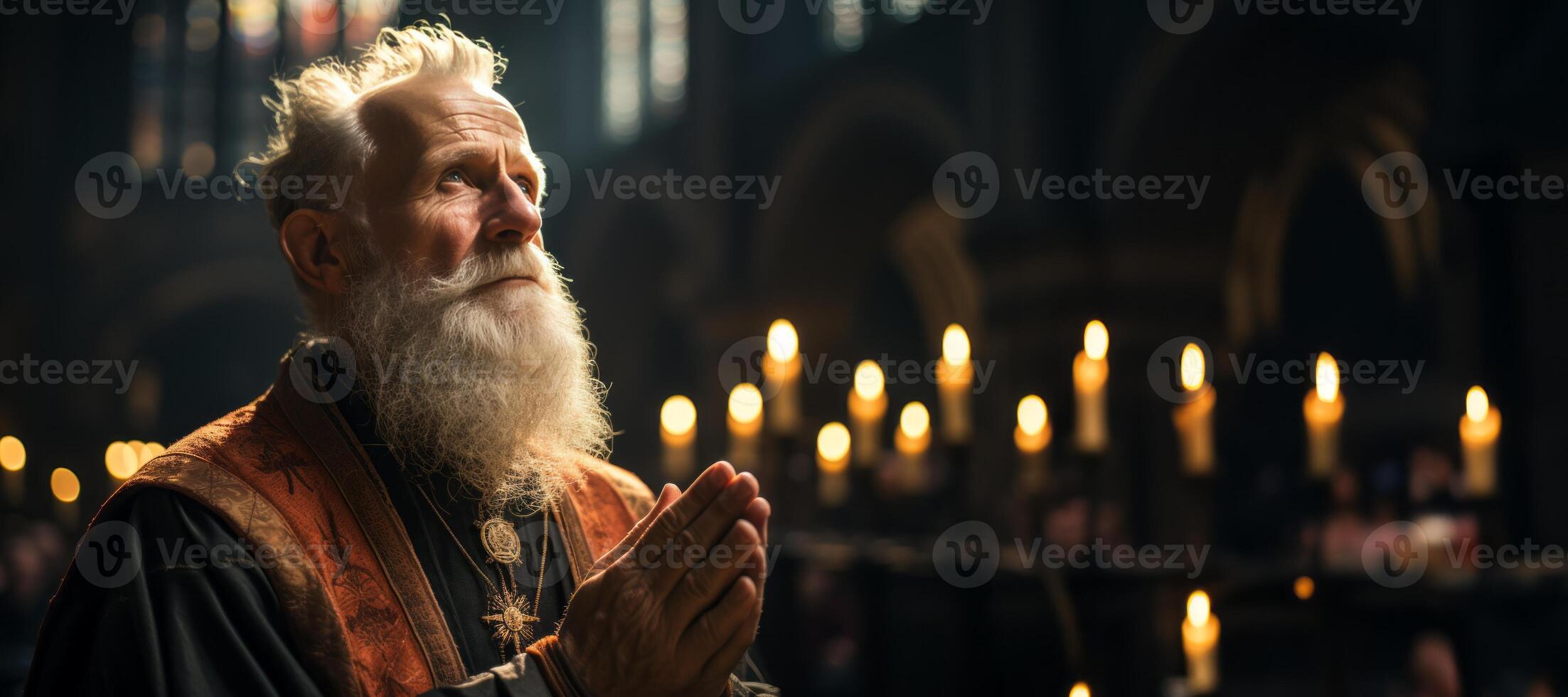 AI generated pastor praying in church Generative AI photo