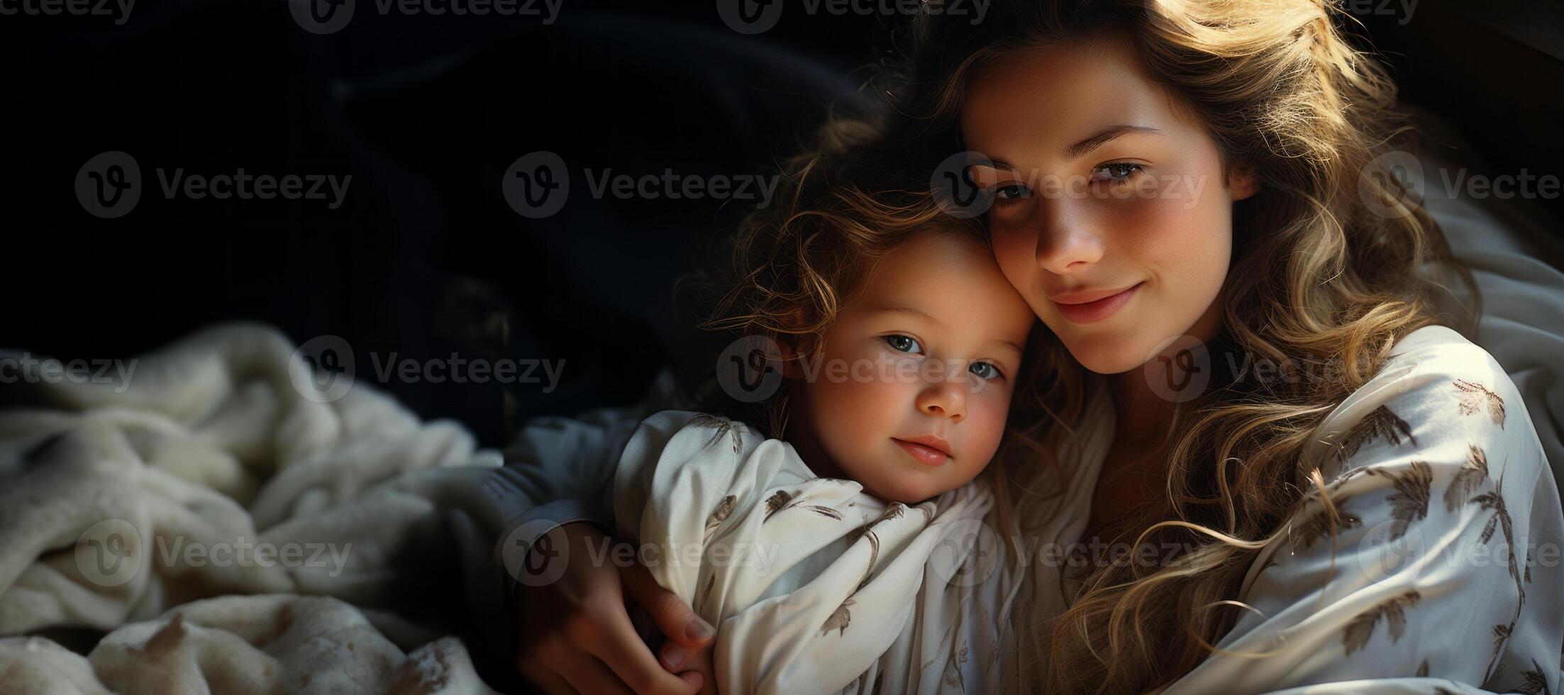 AI generated mother hugs her little child Generative AI photo