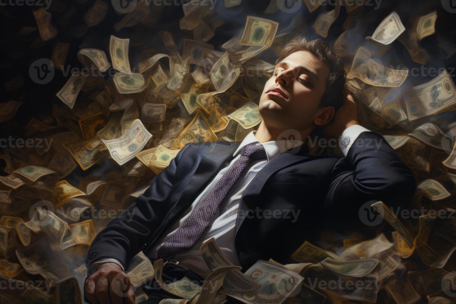 AI generated man sleeping in a pile of money Generative AI photo