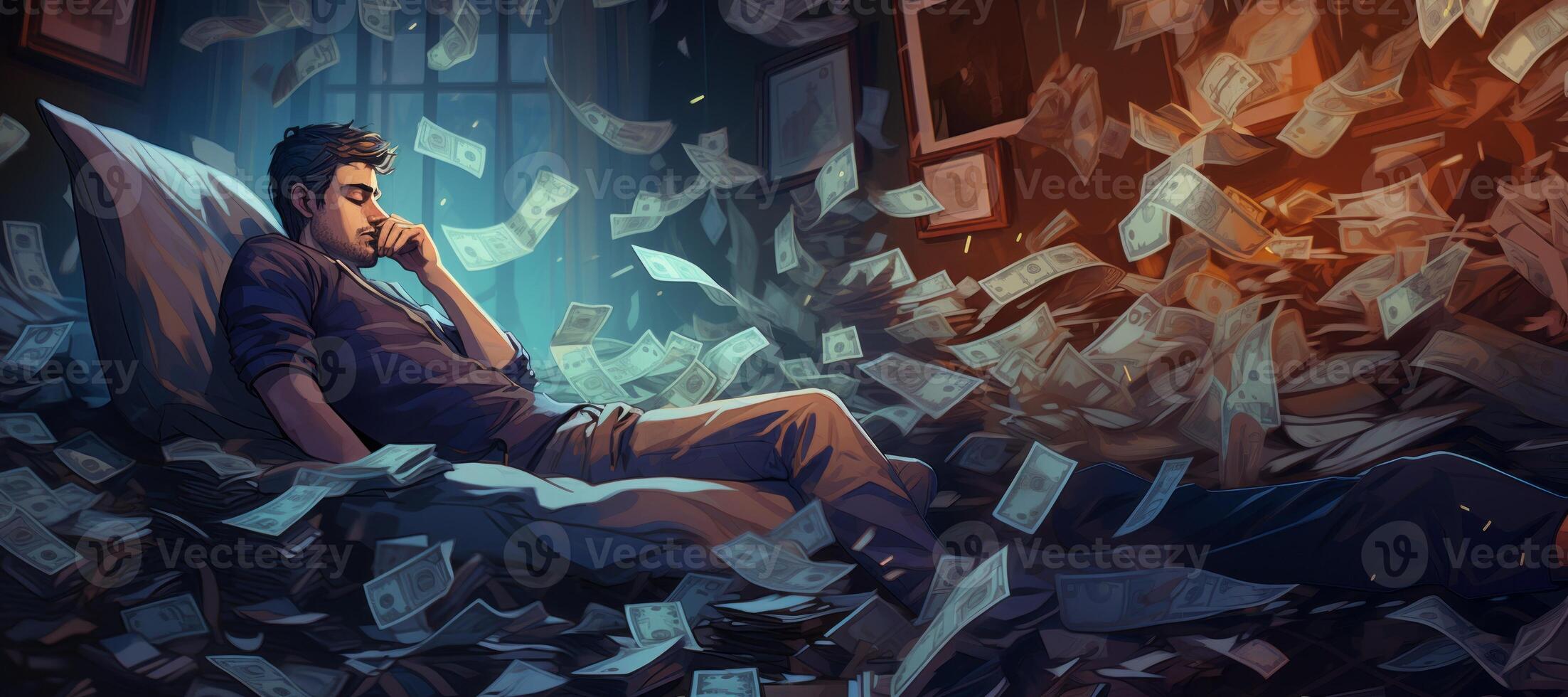 AI generated man sleeping in a pile of money Generative AI photo