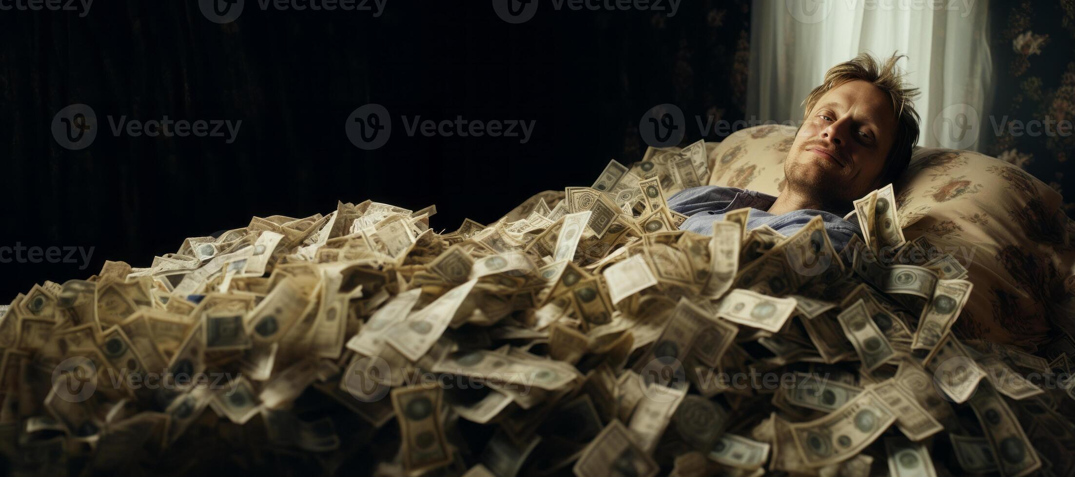 AI generated man sleeping in a pile of money Generative AI photo