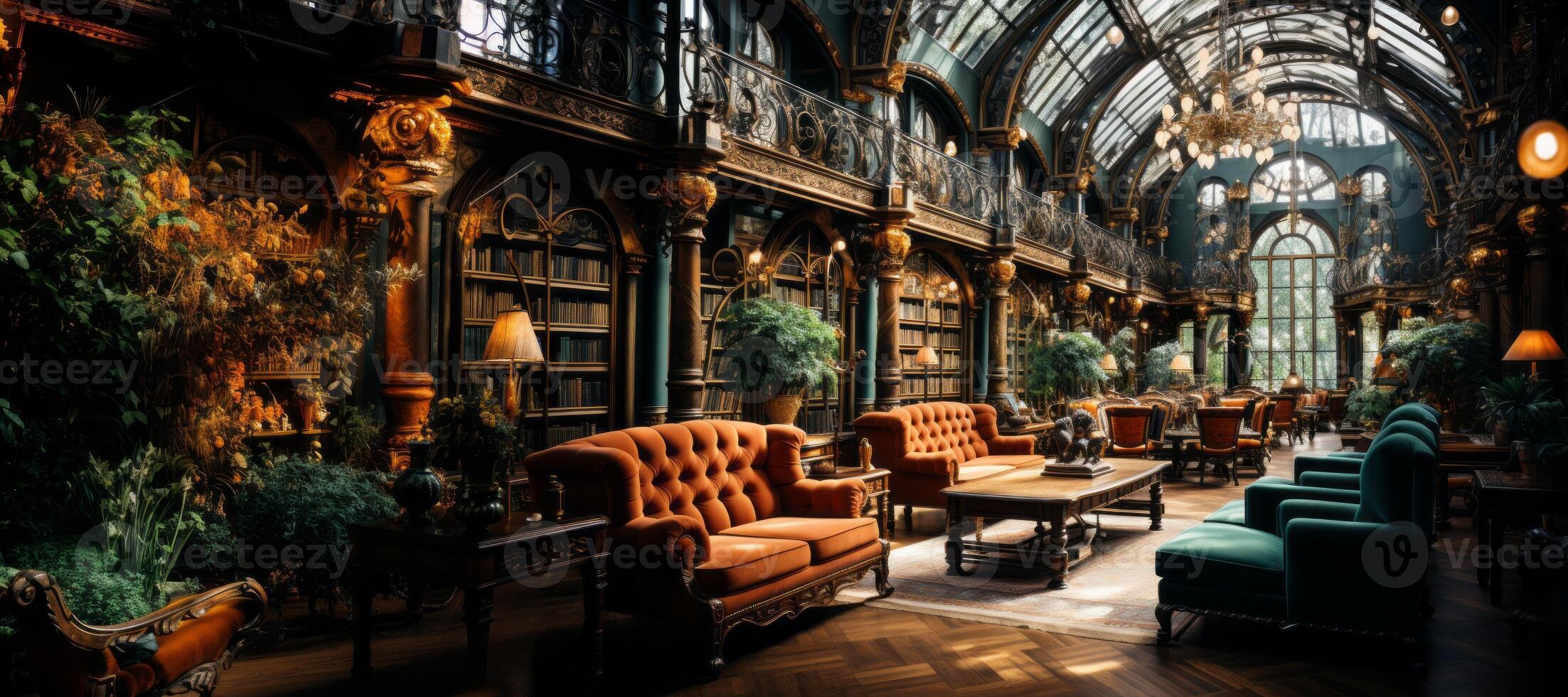 AI generated huge public library in retro style Generative AI photo