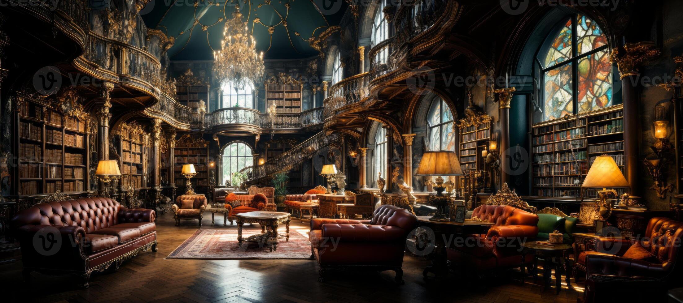 AI generated huge public library in retro style Generative AI photo