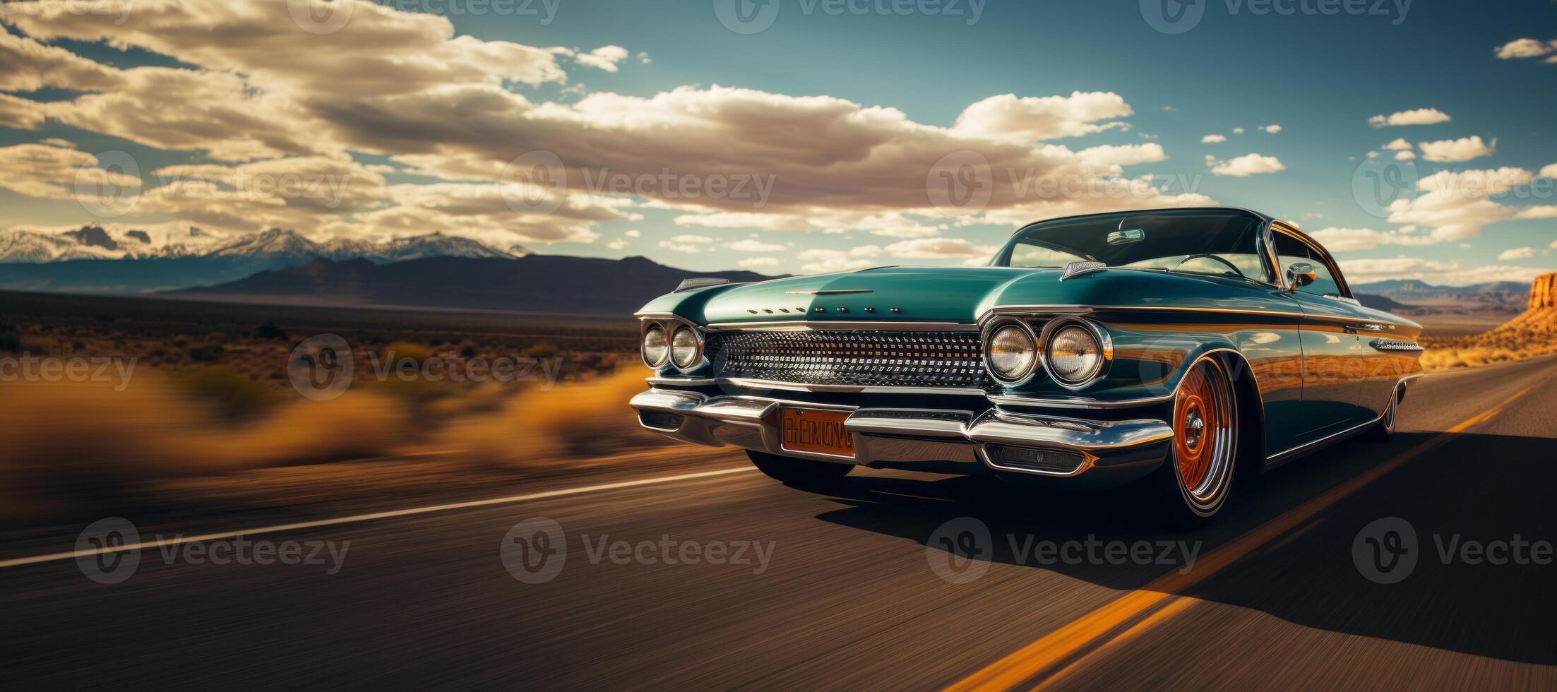 AI generated retro car driving along the Highway Generative AI photo