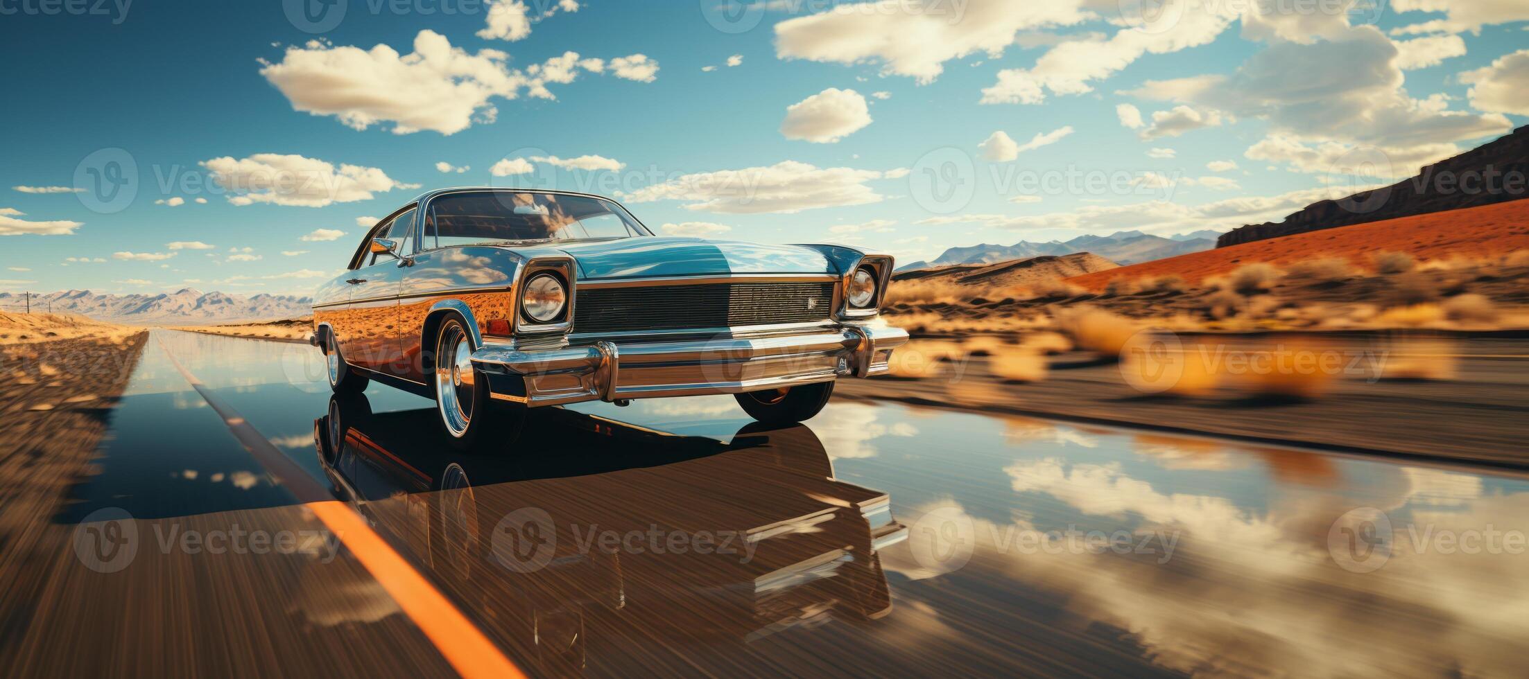 AI generated retro car driving along the Highway Generative AI photo