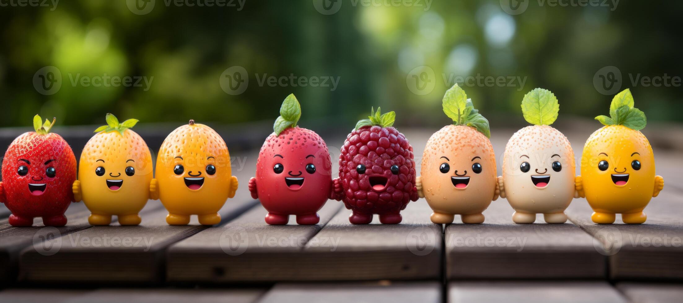 AI generated Happy healthy vegetables  fruts in a row.Cartoon vegetable Generative AI photo