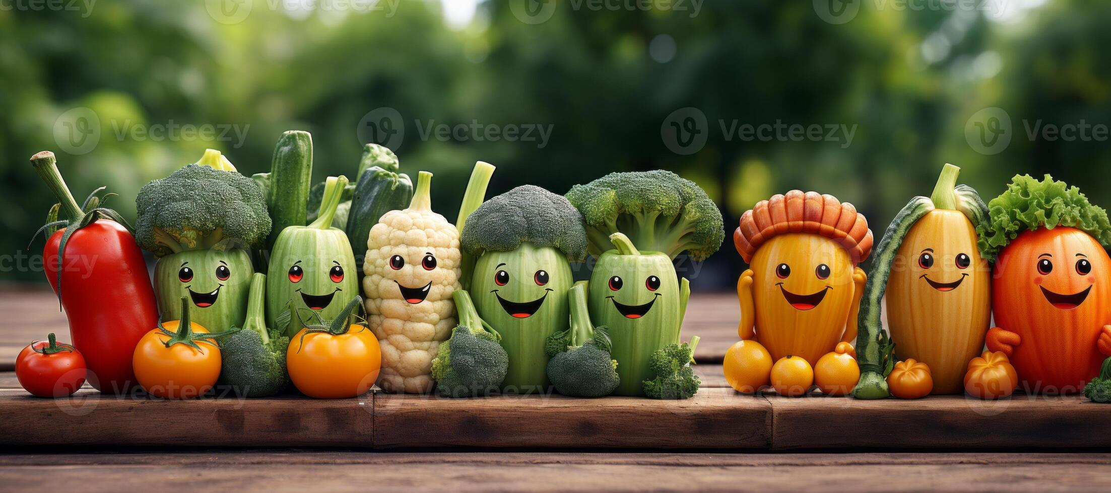 AI generated Happy healthy vegetables  fruts in a row.Cartoon vegetable Generative AI photo