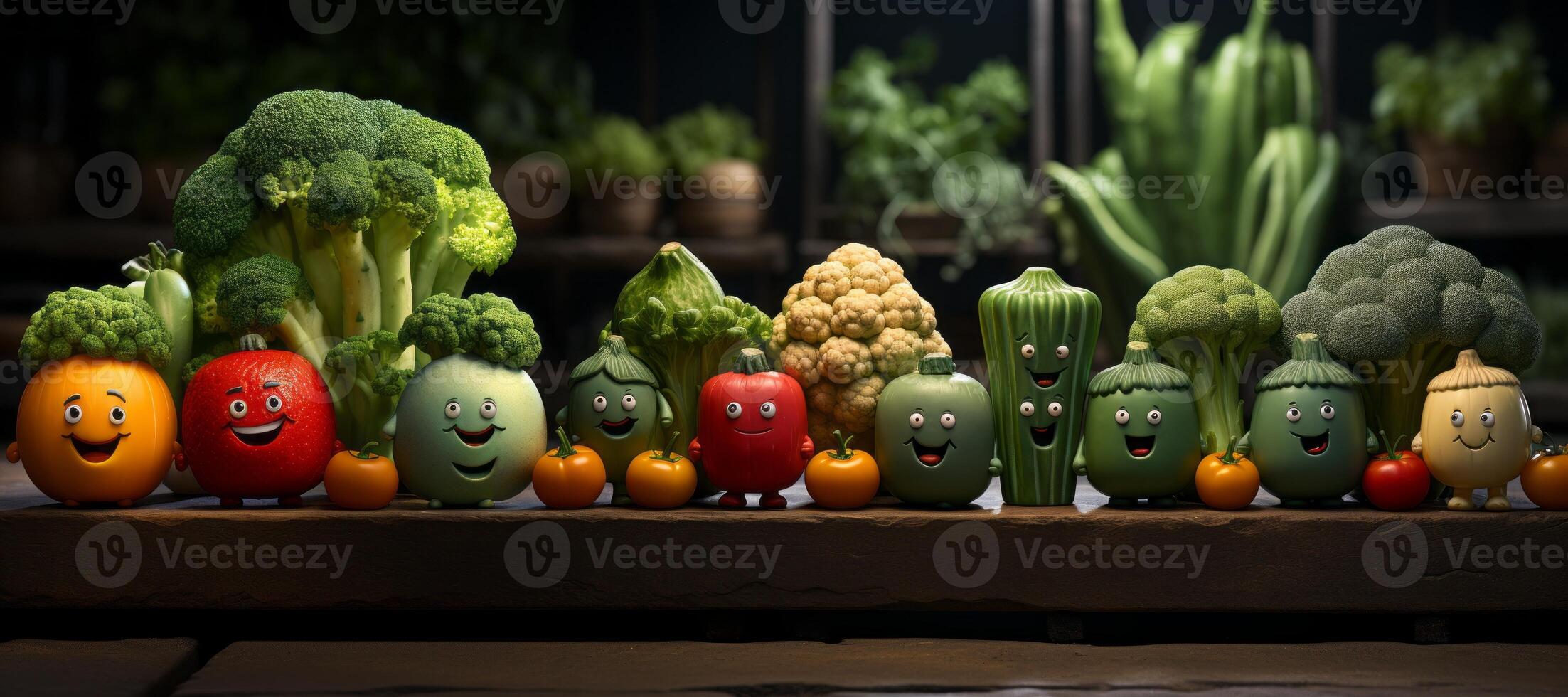 ai generado contento sano vegetales frutas en un fila.dibujos animados vegetal generativo ai foto
