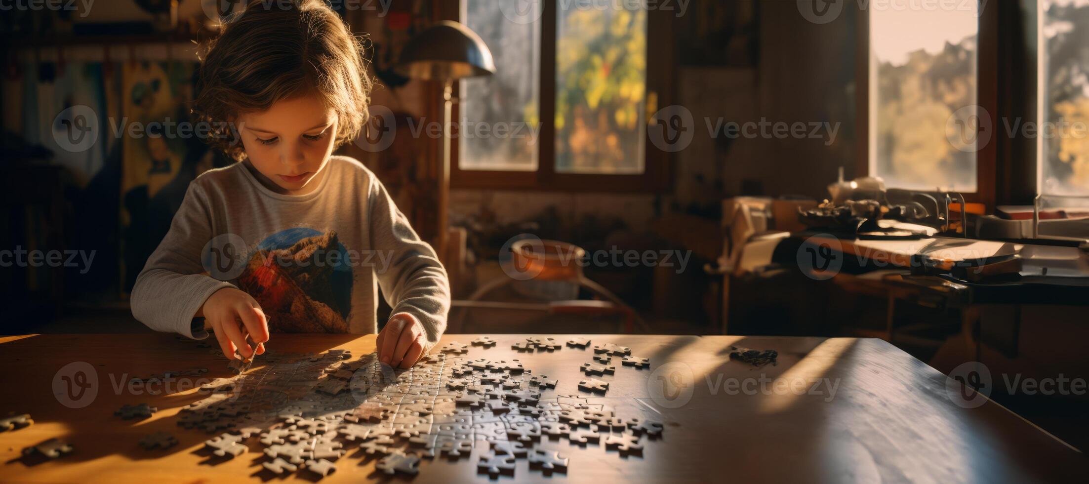 ai generado un niño recoge rompecabezas en su habitación generativo ai foto