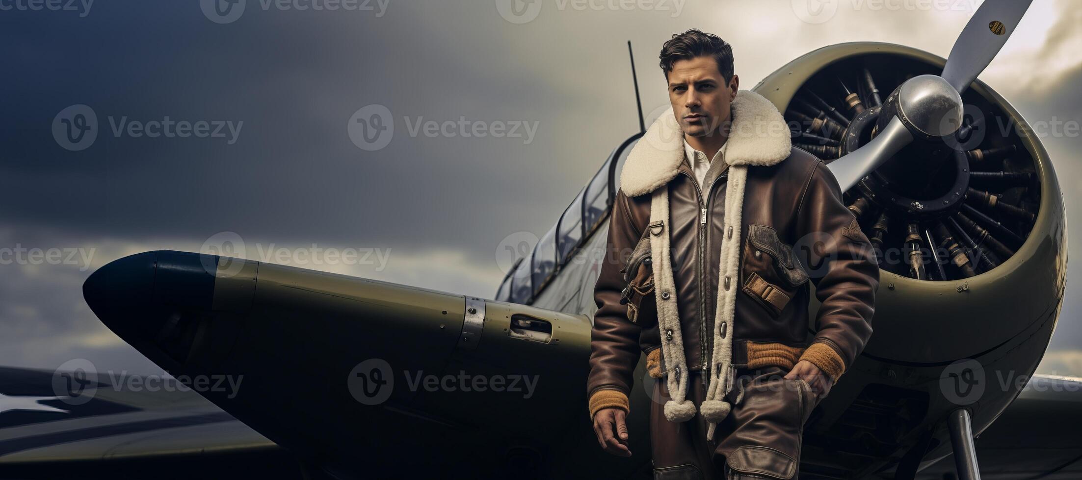AI generated male pilot against the background of a motor plane on the runway Generative AI photo
