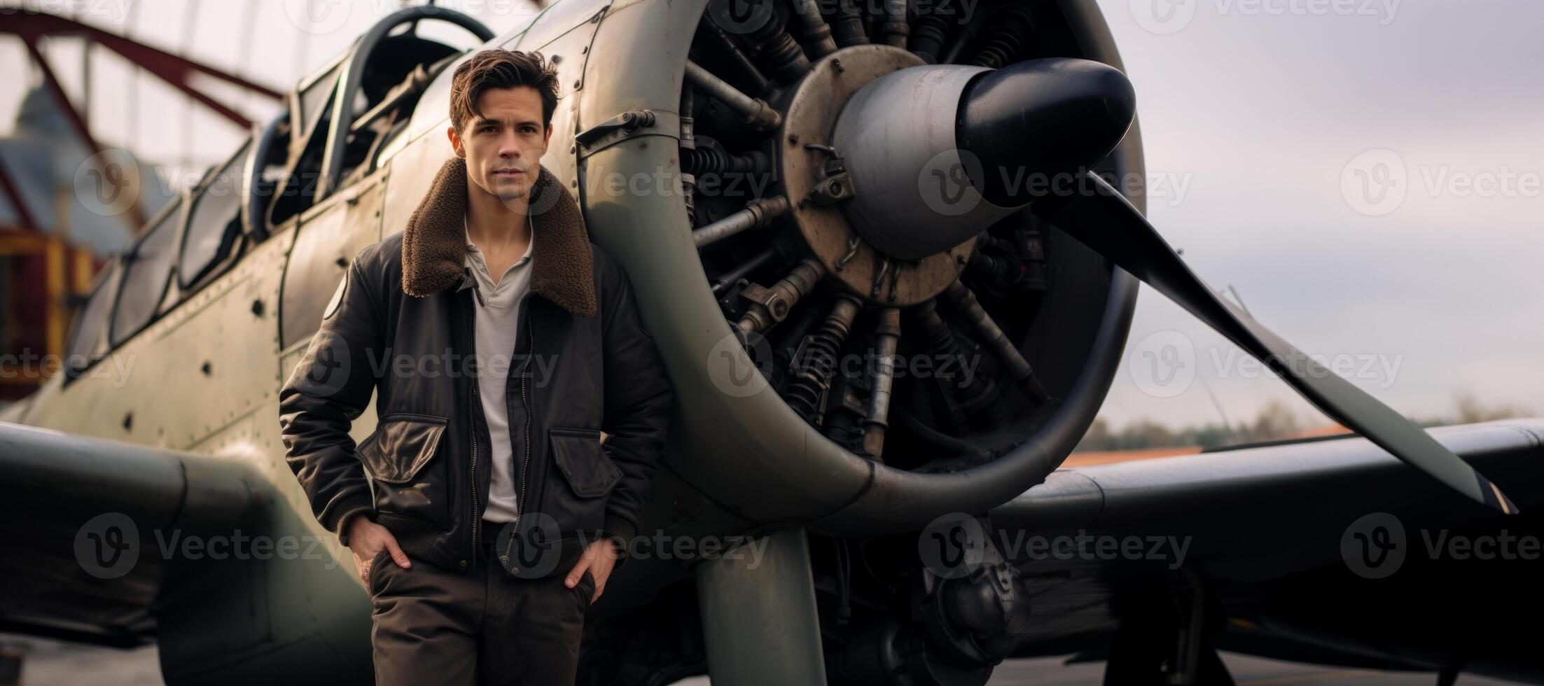 AI generated male pilot against the background of a motor plane on the runway Generative AI photo
