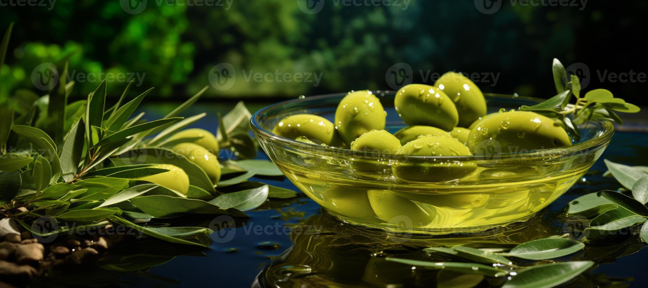 AI generated green olives on a blurred background Generative AI photo